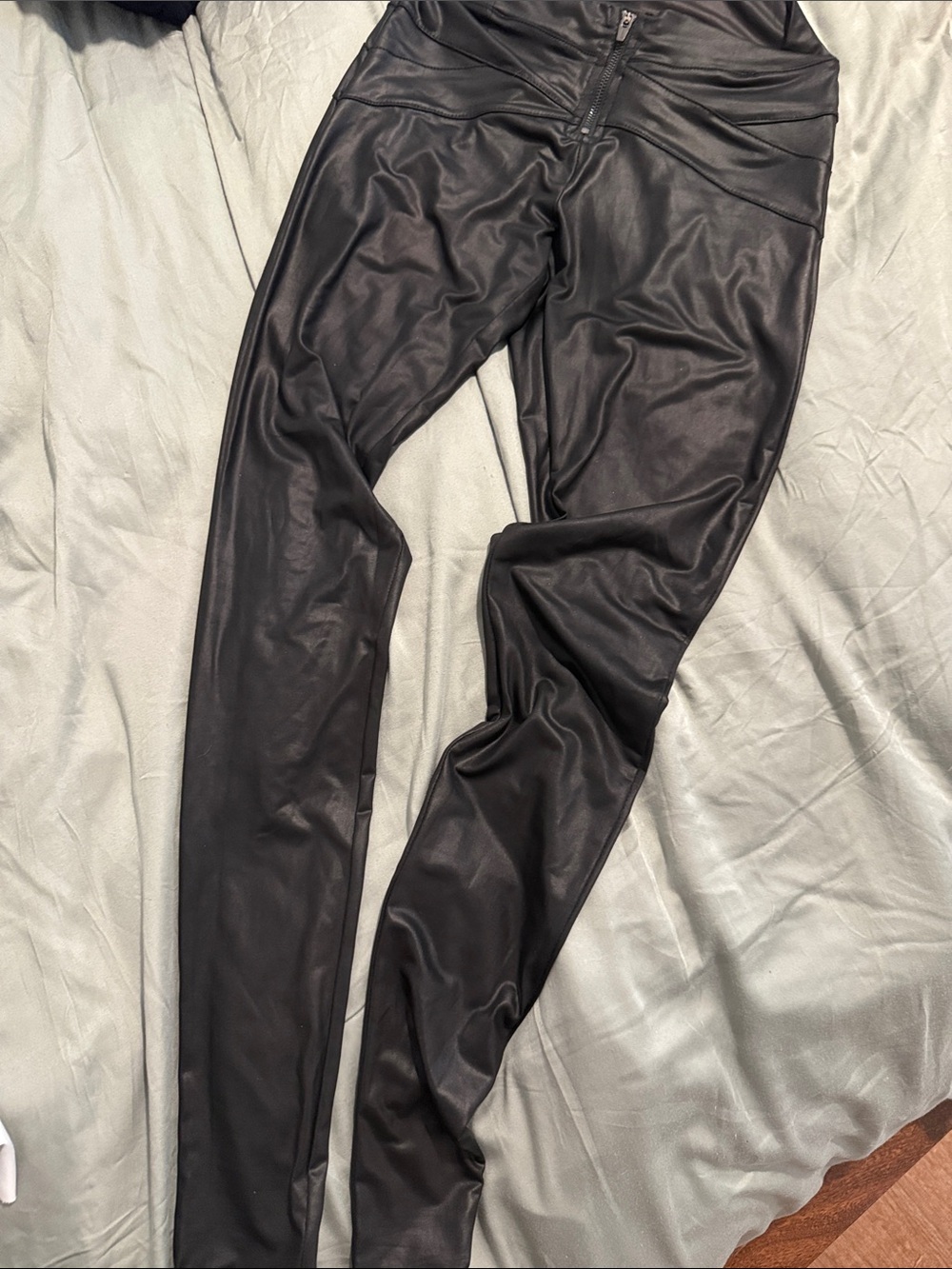 bebe Black Faux Leather Leggings with Front Zip Detail